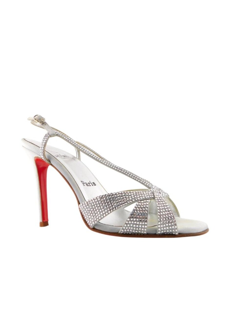 CHRISTIAN LOUBOUTIN Crystal Encrusted Silver Satin Strass Evening Heels 37.5